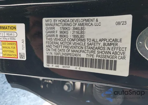 2023 Honda Civic Lx из США, поврежденный, VIN 19XFL2H59PE024974